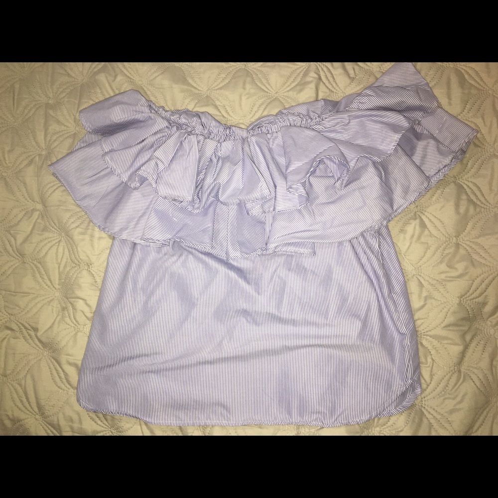 White and blue off the shoulder shirt